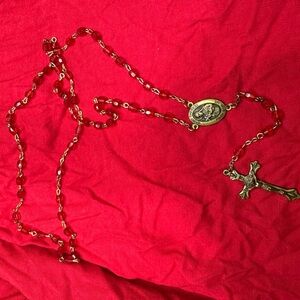 Saint Therese of Lisieux Rosary Red Crystal Beads Bronze Tone Crucifix Catholic
